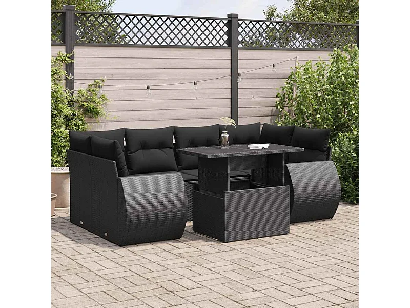 Salon de jardin 7 pcs avec coussins noir résine tressée