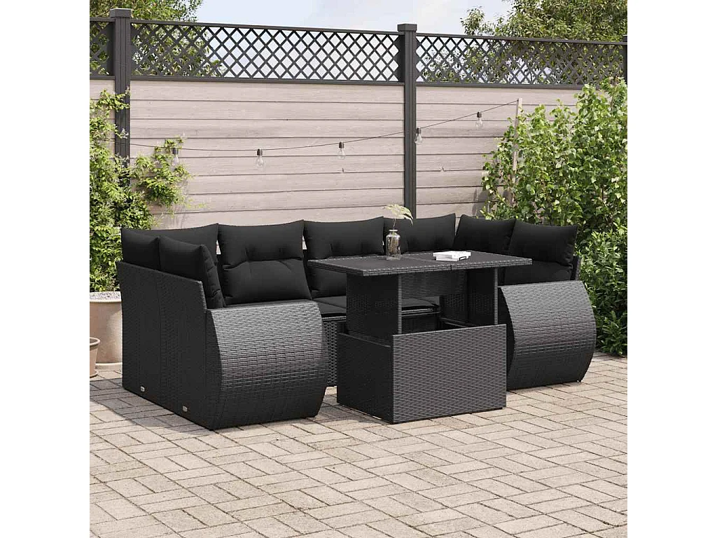 Salon de jardin 7 pcs avec coussins noir résine tressée