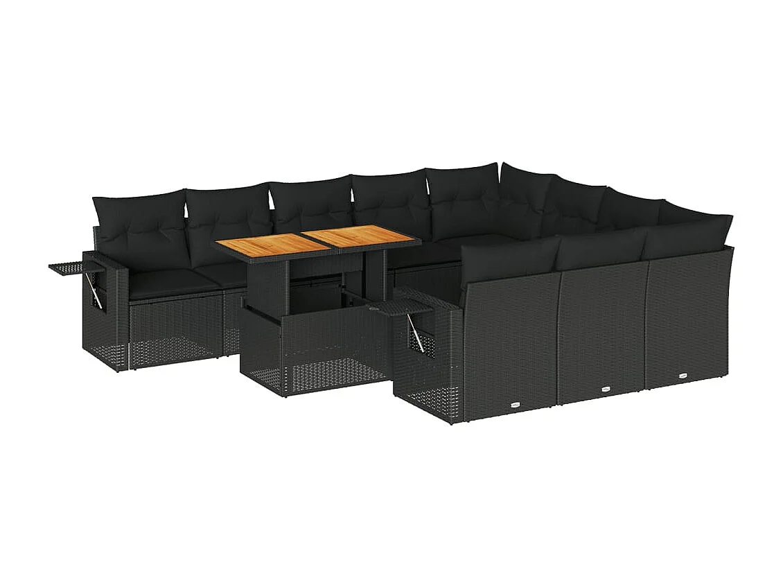 Salon de jardin 11 pcs avec coussins noir résine tressée