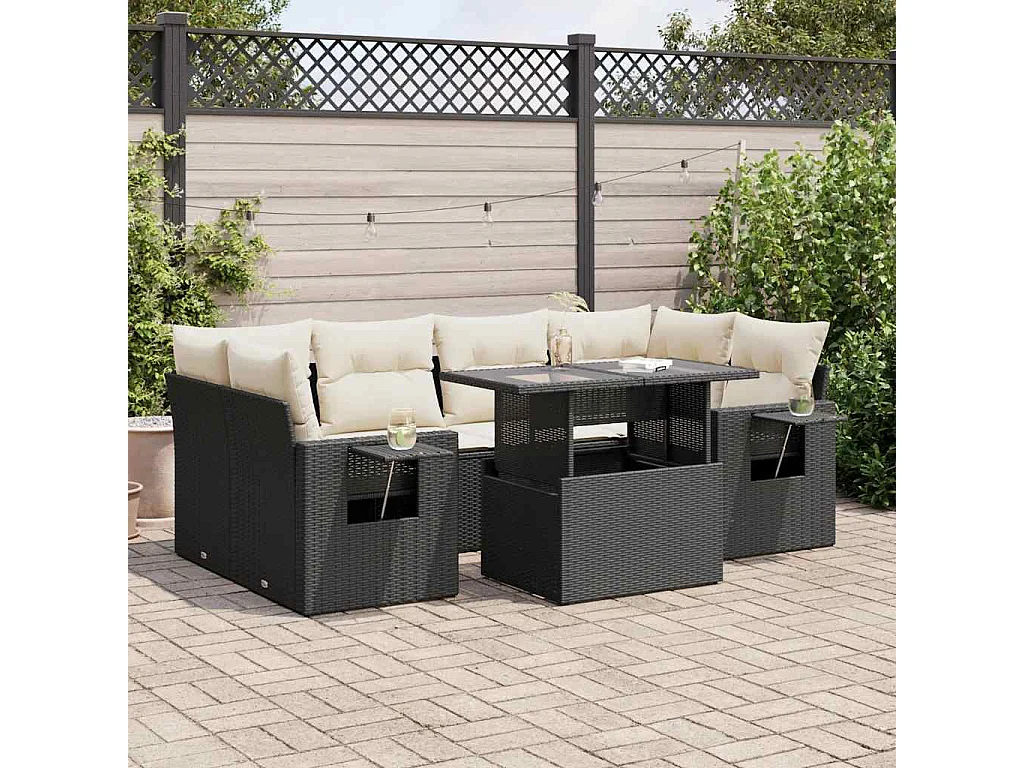 Set di mobili da giardino 7 pezzi con cuscini neri in resina intrecciata