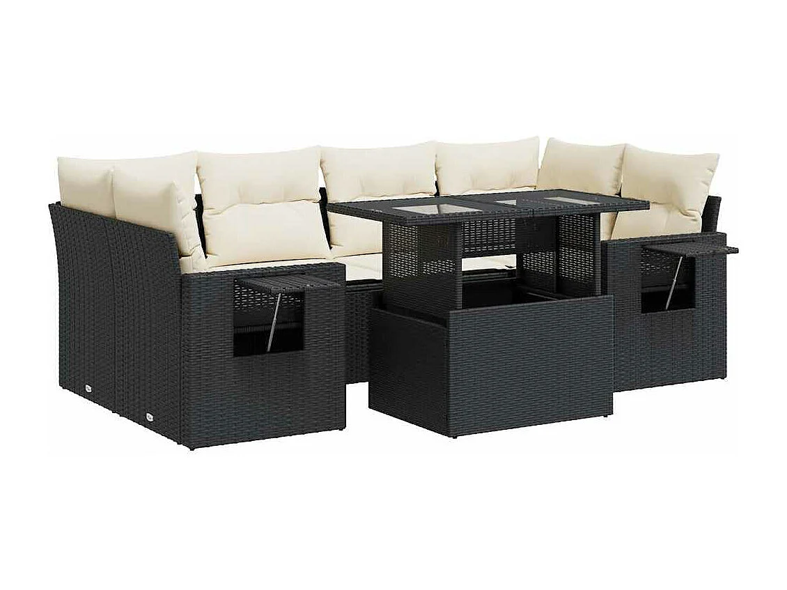 Salon de jardin 7 pcs avec coussins noir résine tressée