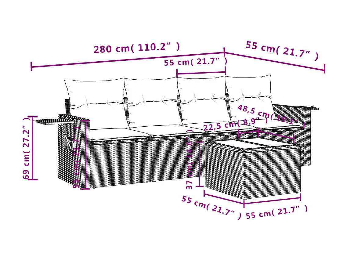 Set di mobili da giardino con cuscini 5 pezzi in resina intrecciata marrone
