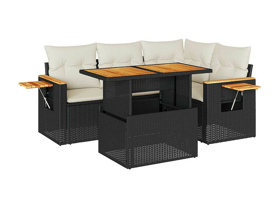 Salon de jardin 5 pcs avec coussins noir résine tressée acacia