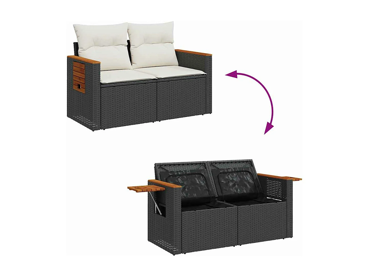 Salon de jardin 5 pcs avec coussins noir résine tressée acacia