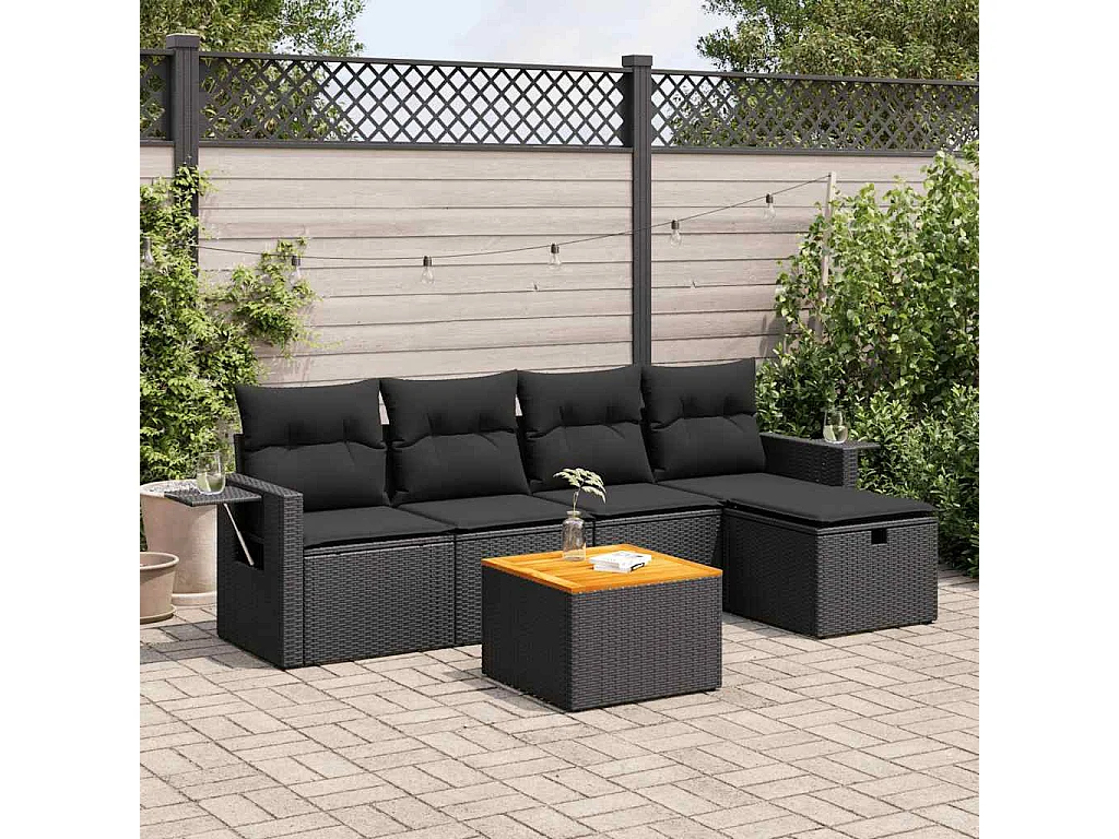 Salon de jardin 6 pcs avec coussins noir résine tressée