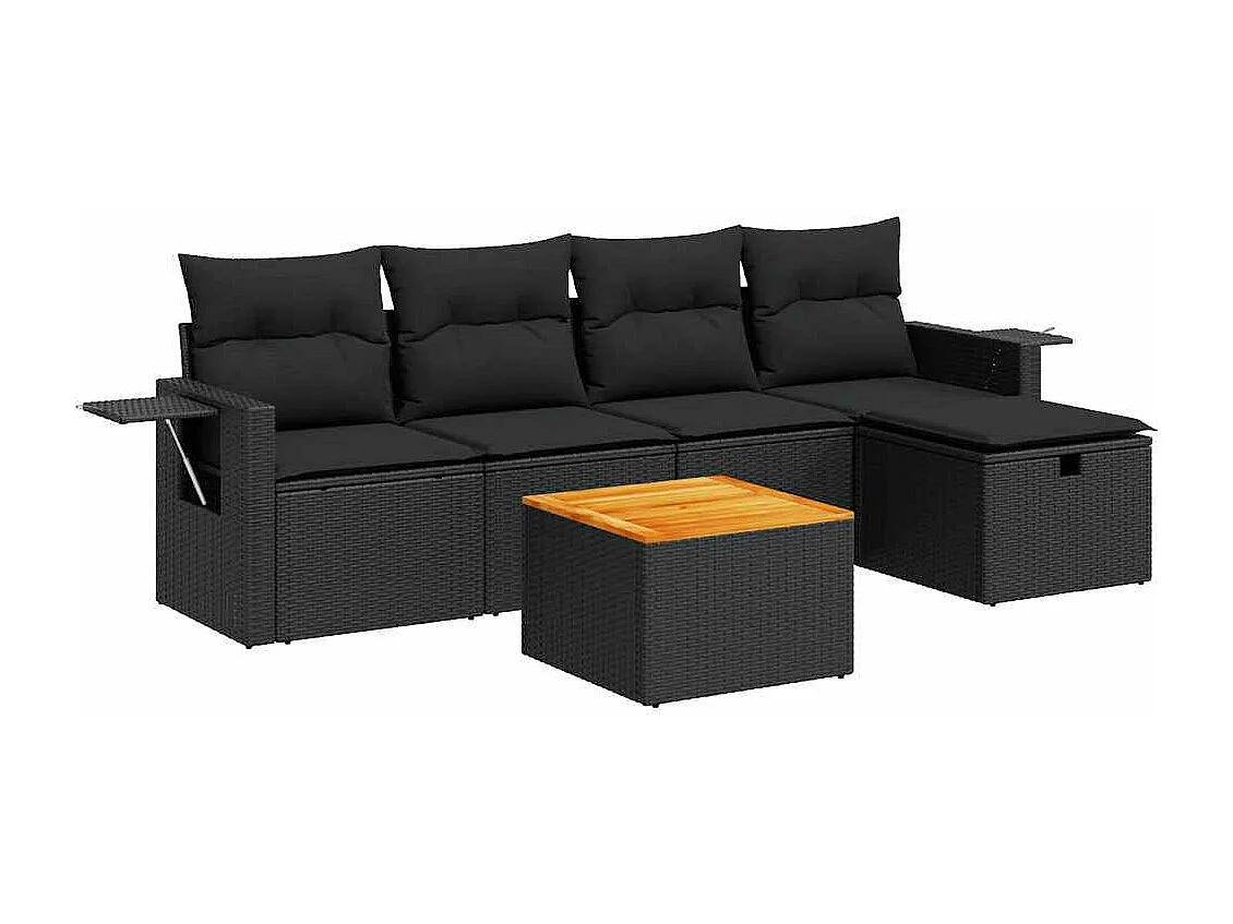 Salon de jardin 6 pcs avec coussins noir résine tressée