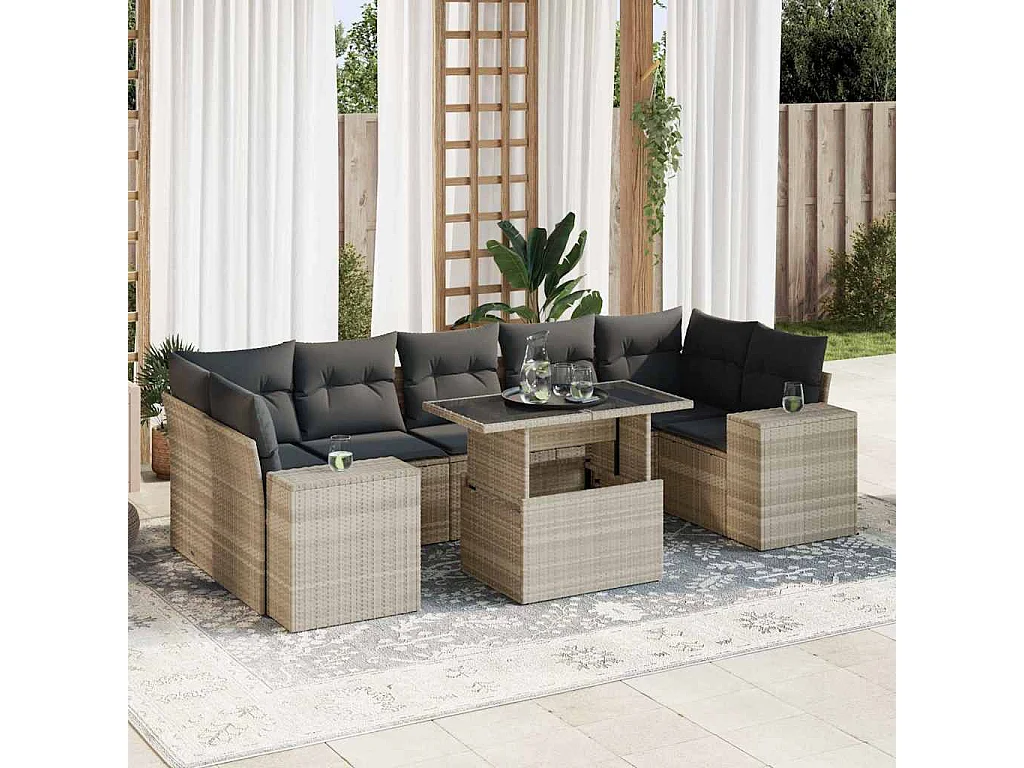Set di mobili da giardino da 8 pezzi con cuscini grigio chiaro in resina intrecciata