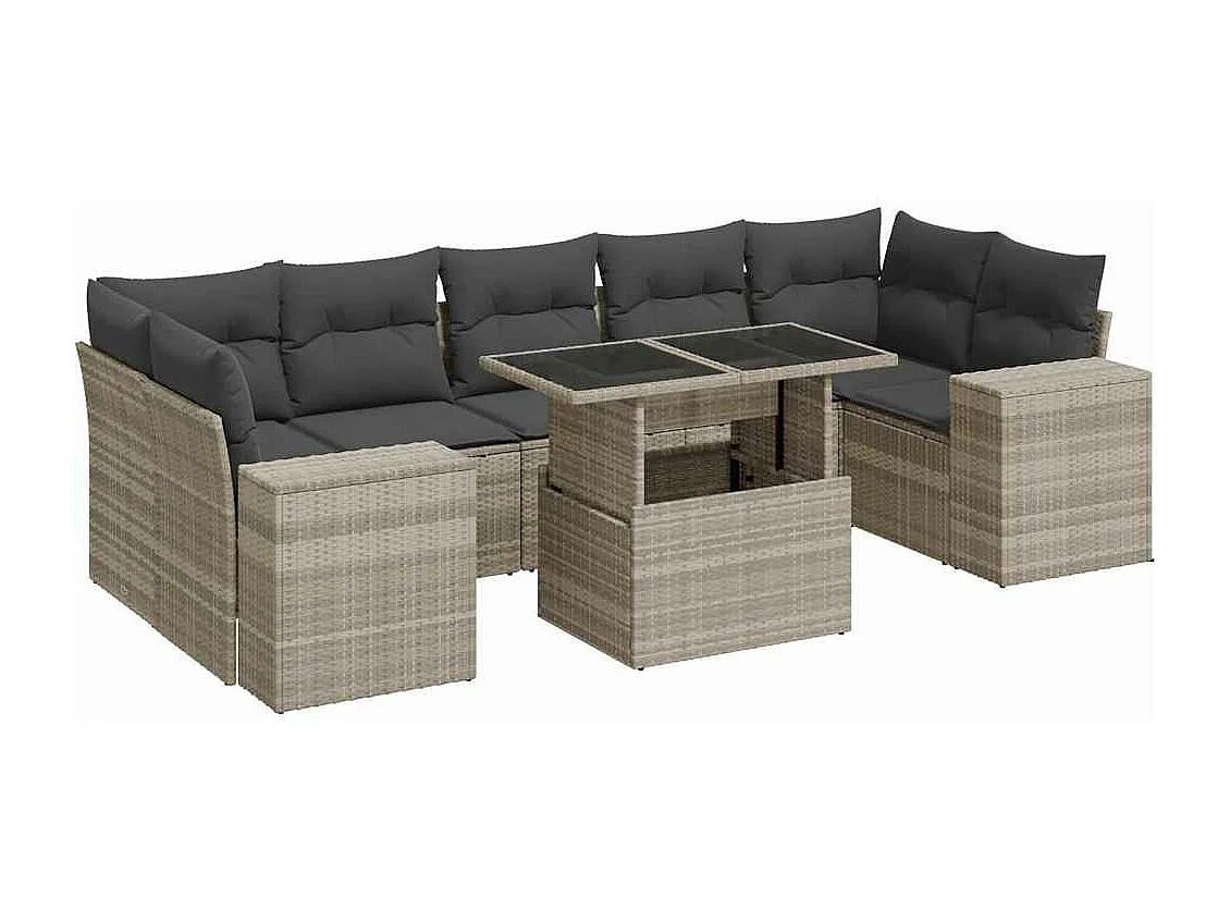 Set di mobili da giardino da 8 pezzi con cuscini grigio chiaro in resina intrecciata