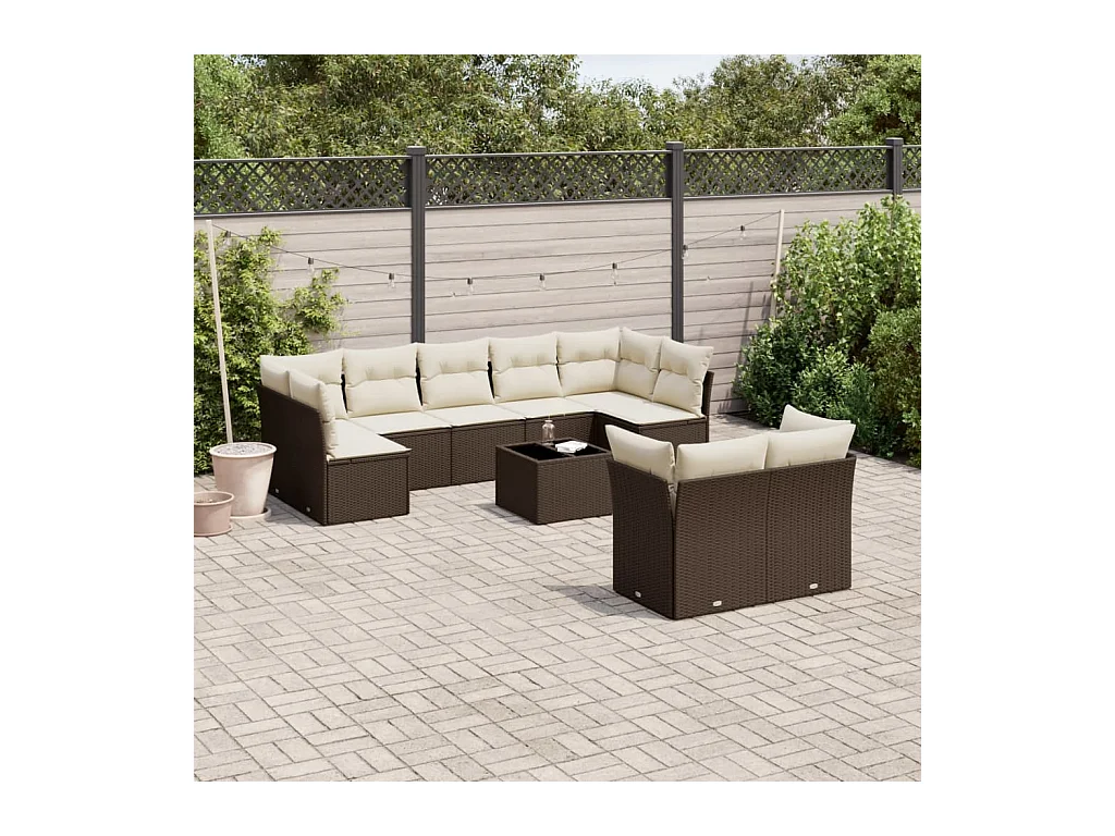 Salon de jardin 10 pcs avec coussins marron résine tressée