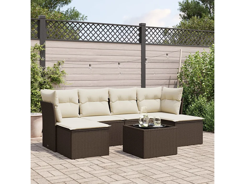 Salon de jardin avec coussins 7 pcs marron résine tressée