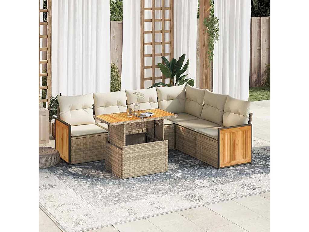 Set mobili da giardino con cuscini 7 pz beige resina vimini acacia
