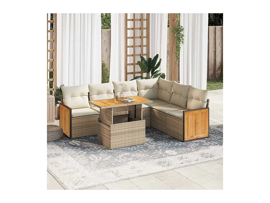 Set mobili da giardino con cuscini 7 pz beige resina vimini acacia