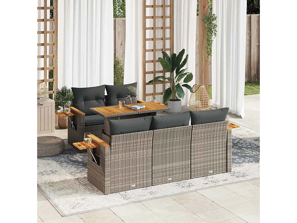 Set mobili da giardino con cuscini 6 pz grigio resina vimini acacia