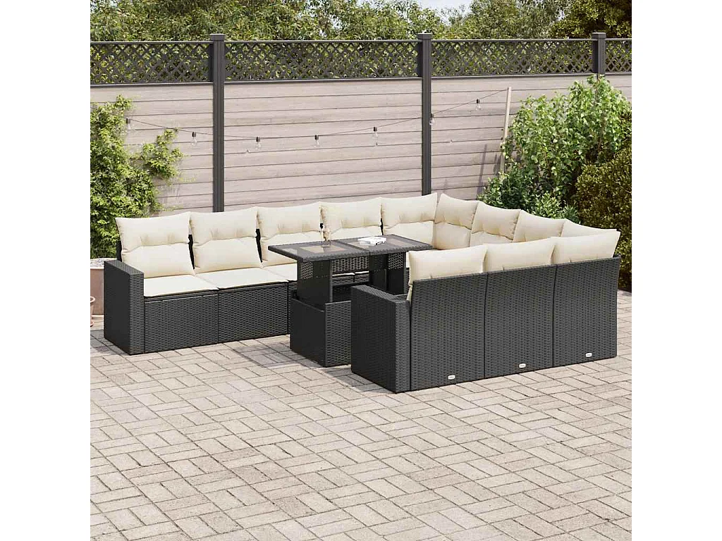 Set di mobili da giardino da 11 pezzi con cuscini neri in resina intrecciata
