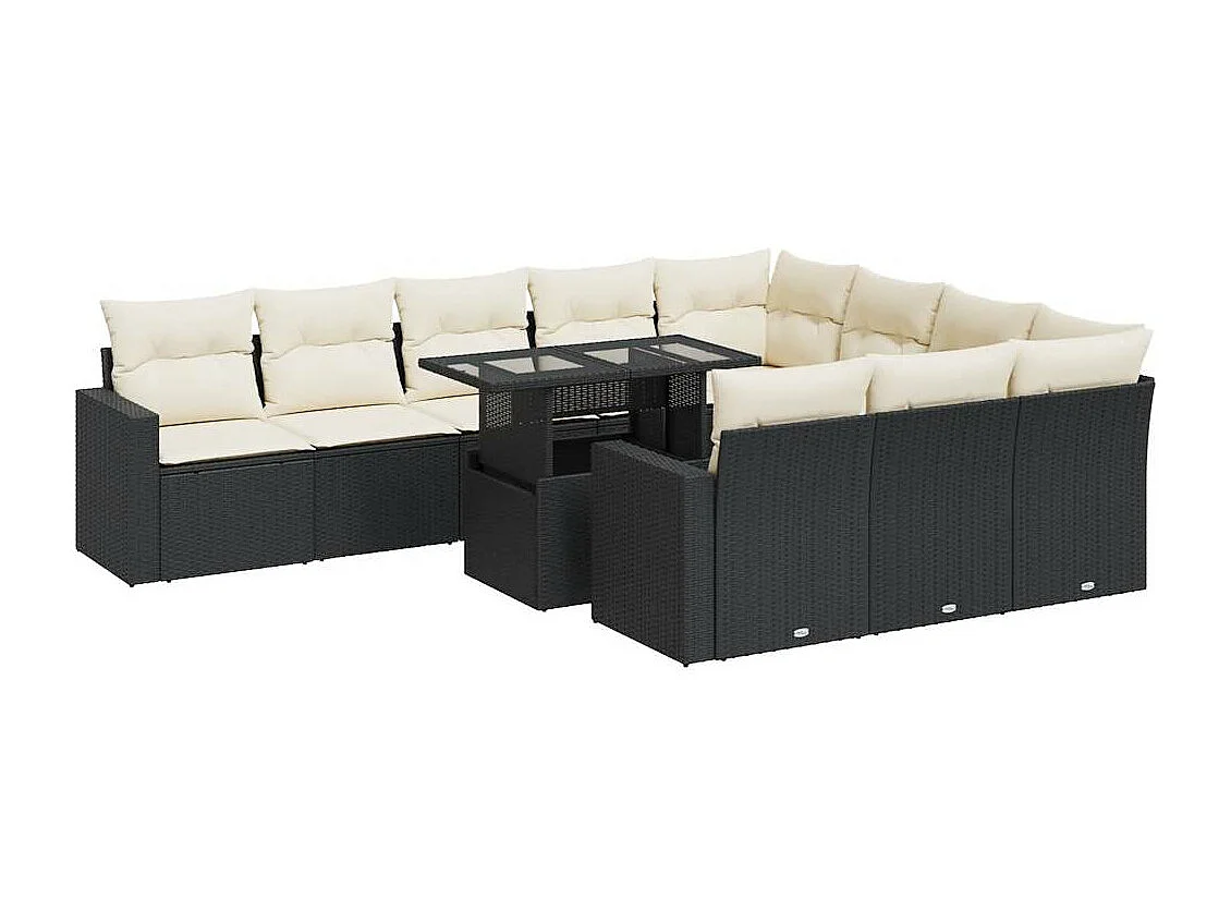 Set di mobili da giardino da 11 pezzi con cuscini neri in resina intrecciata
