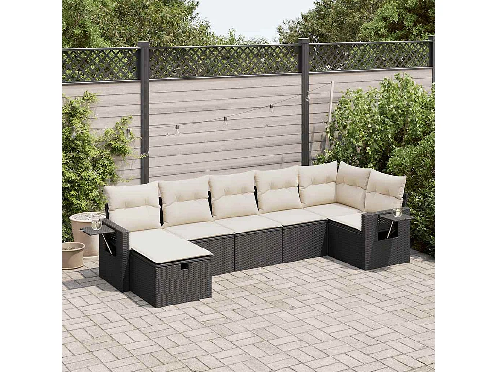 Salon de jardin 7 pcs avec coussins noir résine tressée