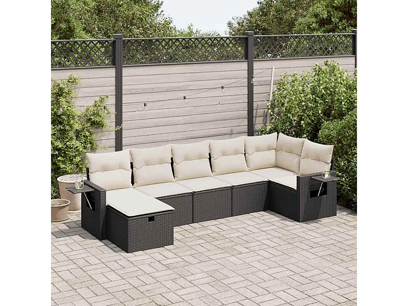 Salon de jardin 7 pcs avec coussins noir résine tressée