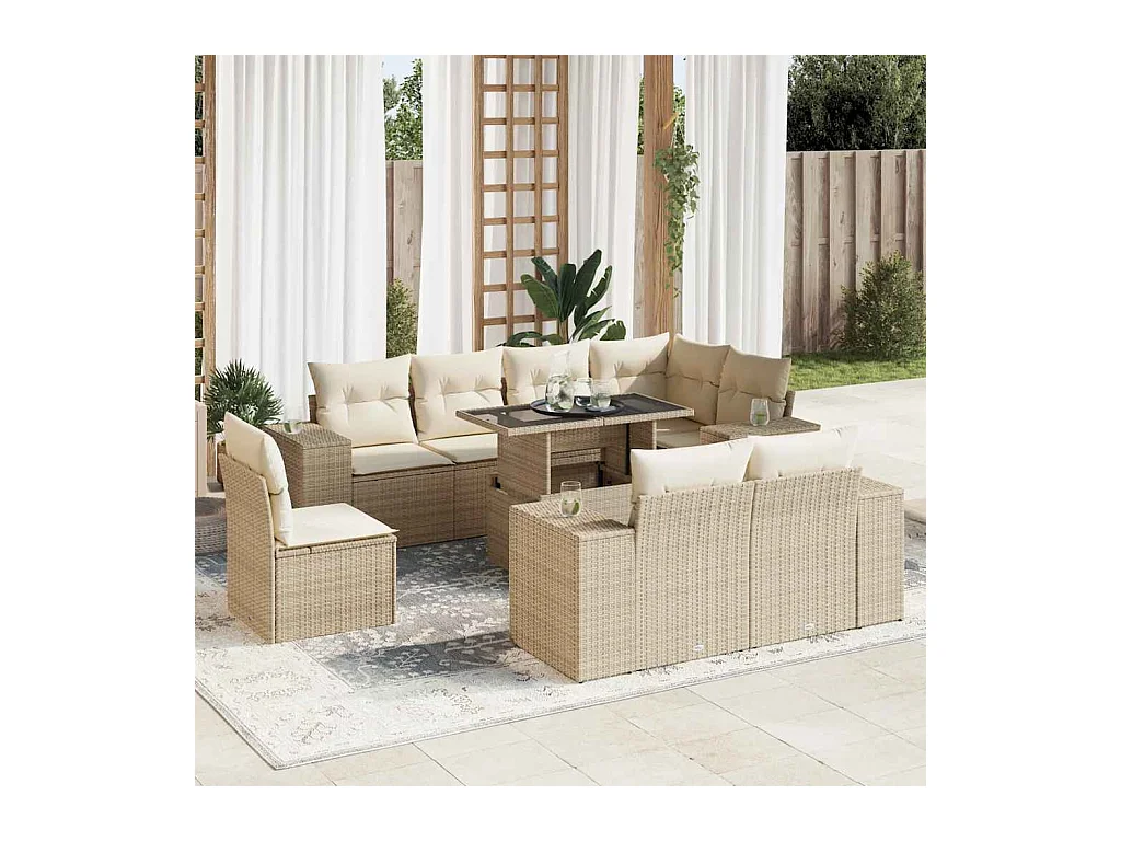 Salon de jardin avec coussins 9 pcs beige résine tressée