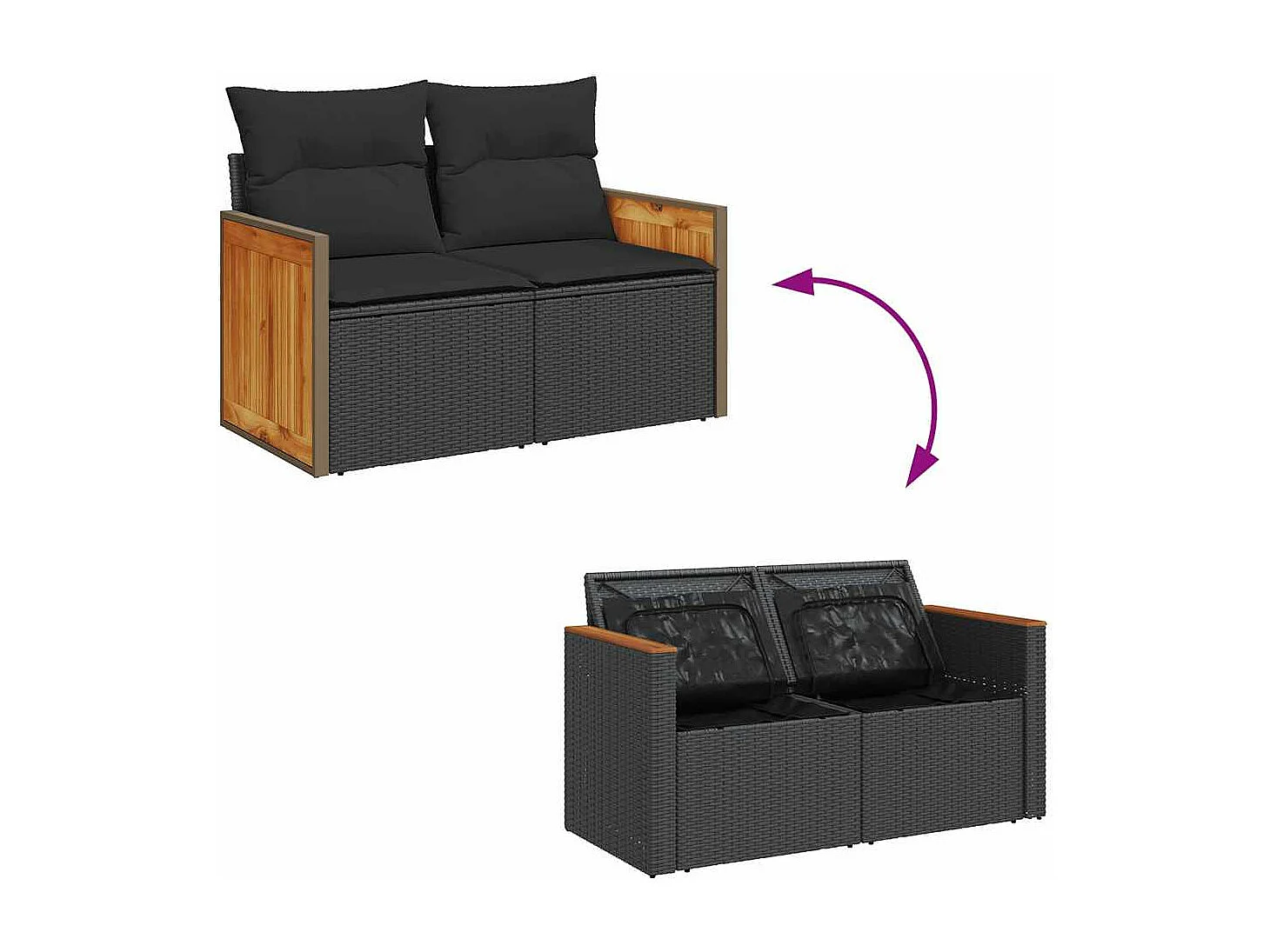 Salon de jardin avec coussins 9 pcs noir résine tressée acacia