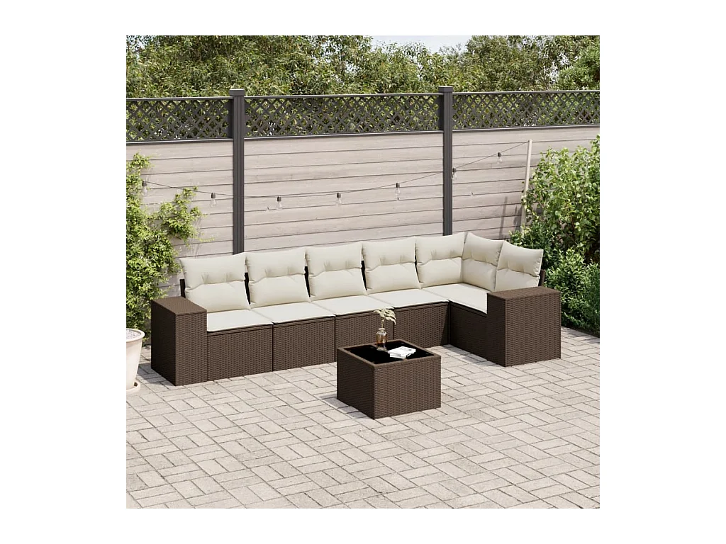 Salon de jardin avec coussins 7 pcs marron résine tressée