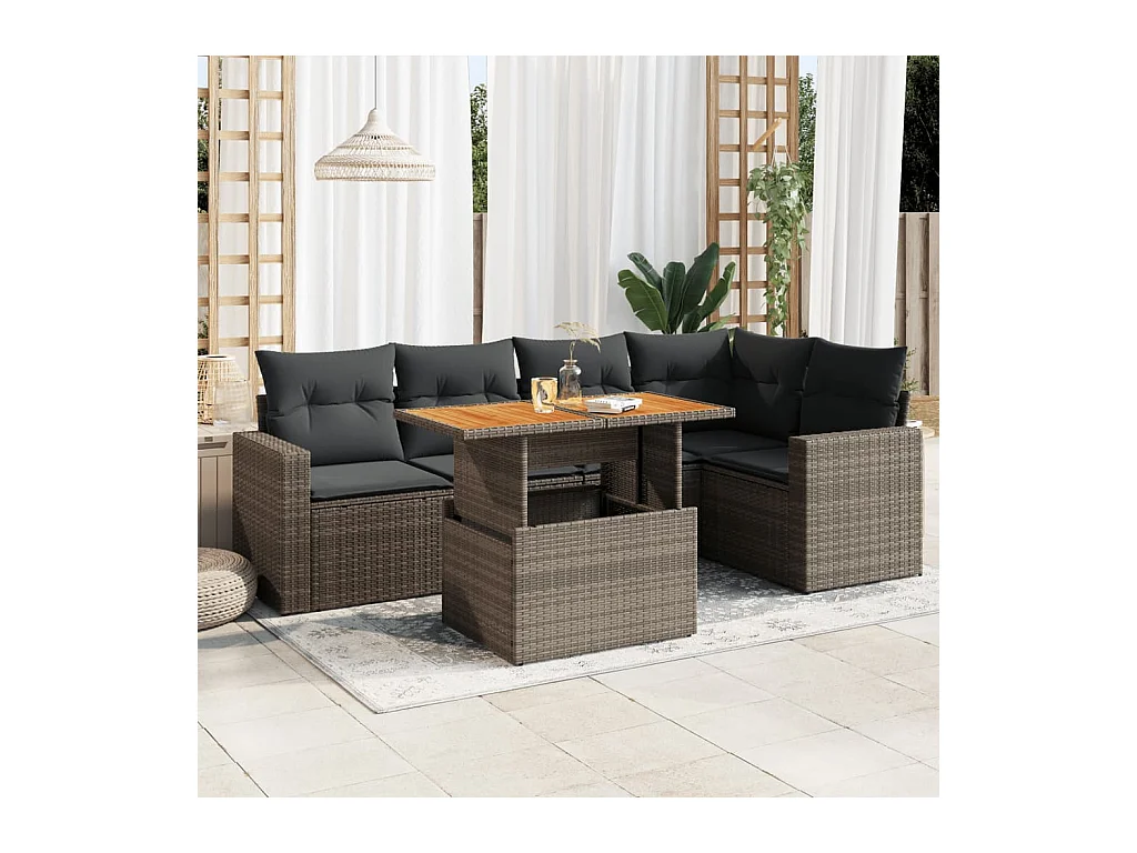 Salon de jardin 6 pcs avec coussins gris résine tressée