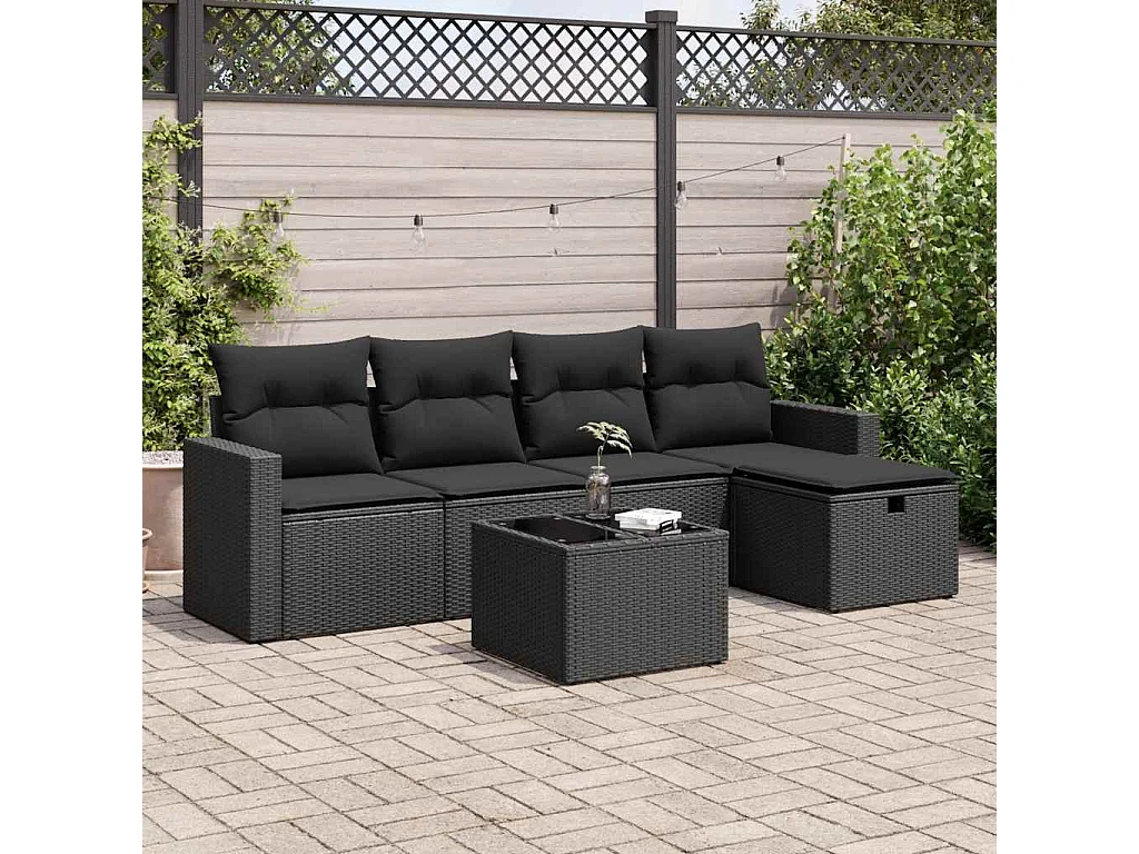 6-teiliges Gartenmöbelset mit schwarzen Kissen aus gewebtem Harz