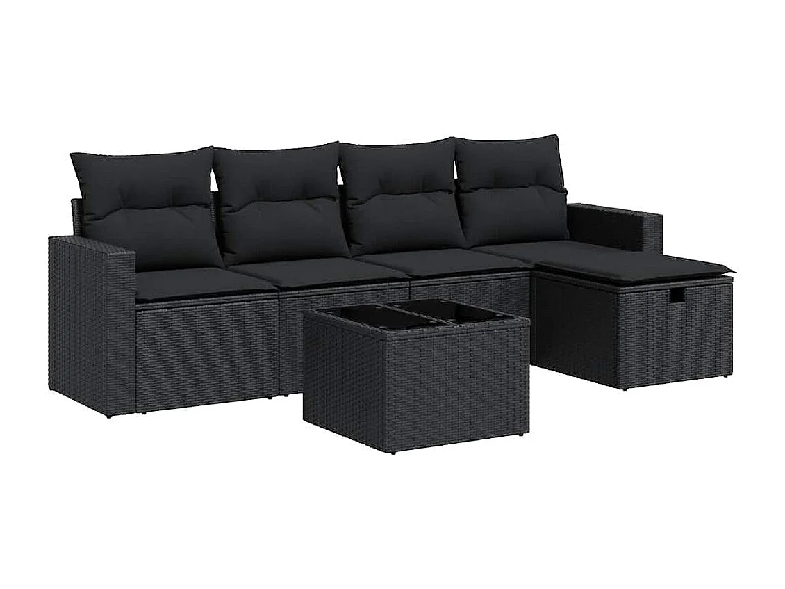 6-teiliges Gartenmöbelset mit schwarzen Kissen aus gewebtem Harz