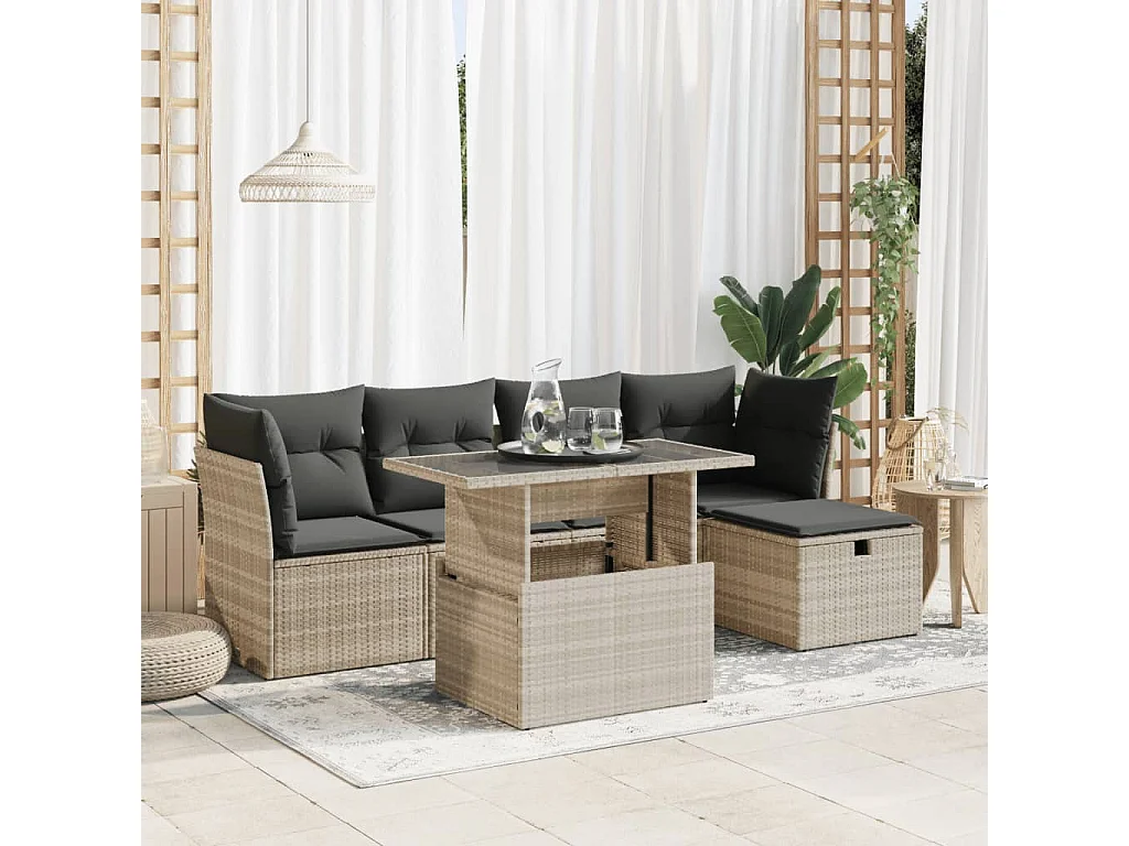 Salon de jardin 6 pcs avec coussins gris clair résine tressée