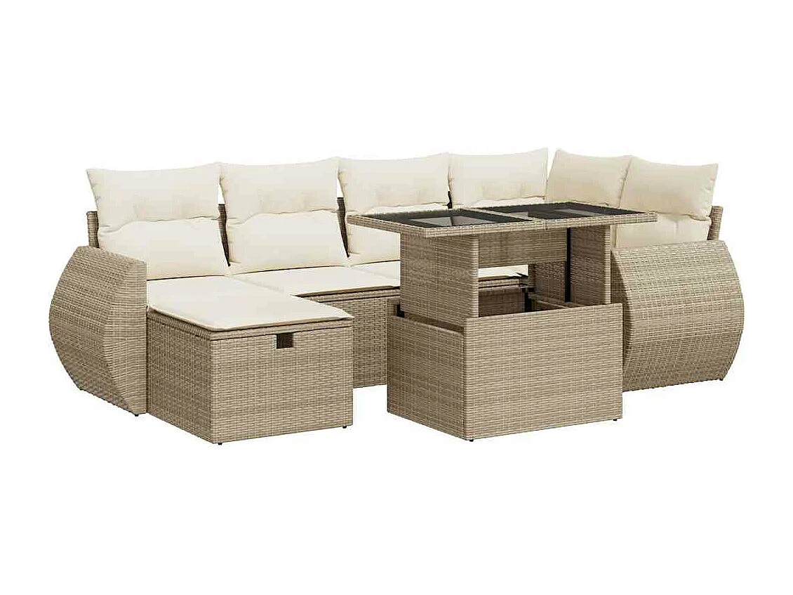 Salon de jardin avec coussins 7 pcs beige résine tressée
