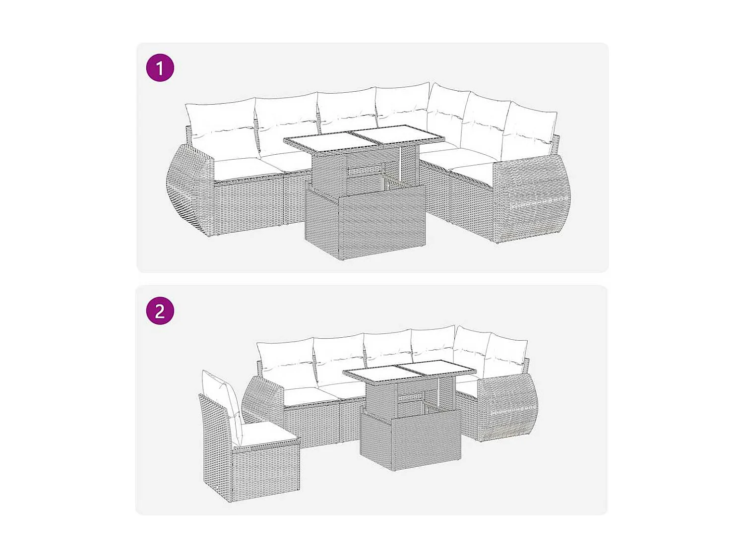 Set mobili da giardino con cuscini 7 pezzi in resina intrecciata grigia