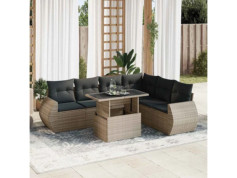 Set mobili da giardino con cuscini 7 pezzi in resina intrecciata grigia