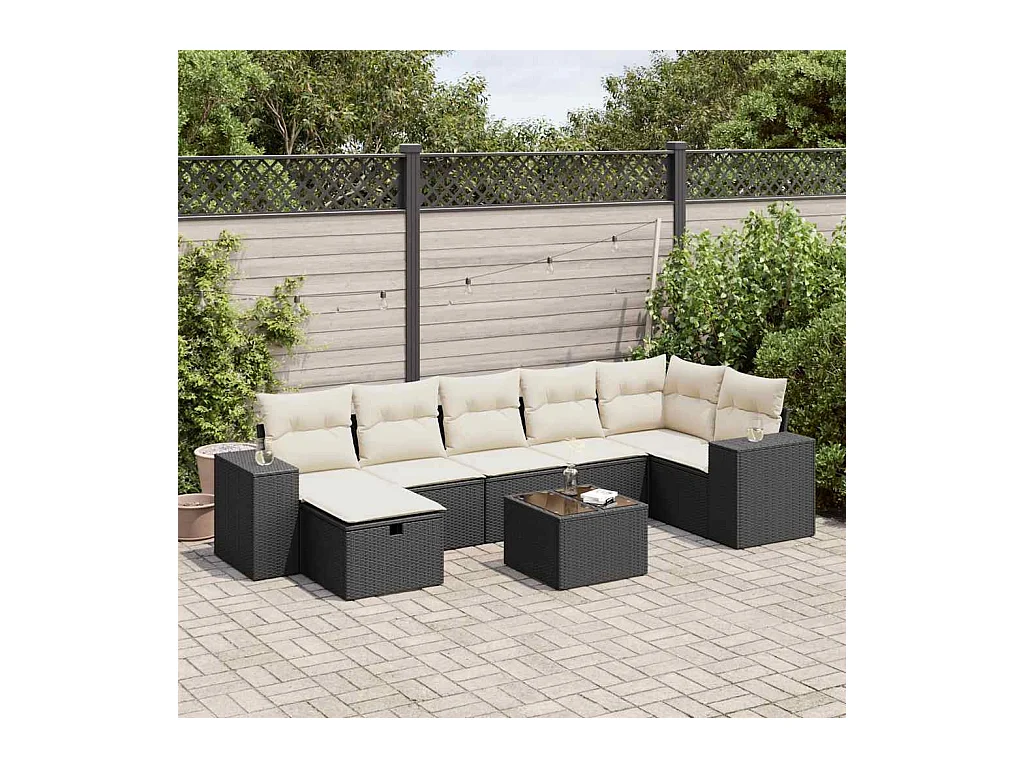 Salon de jardin 8 pcs avec coussins noir résine tressée