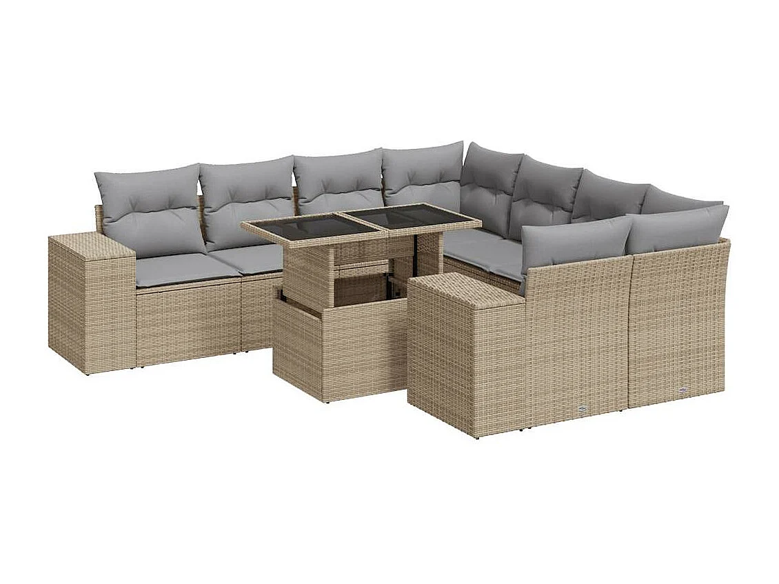 Salon de jardin avec coussins 9 pcs beige résine tressée