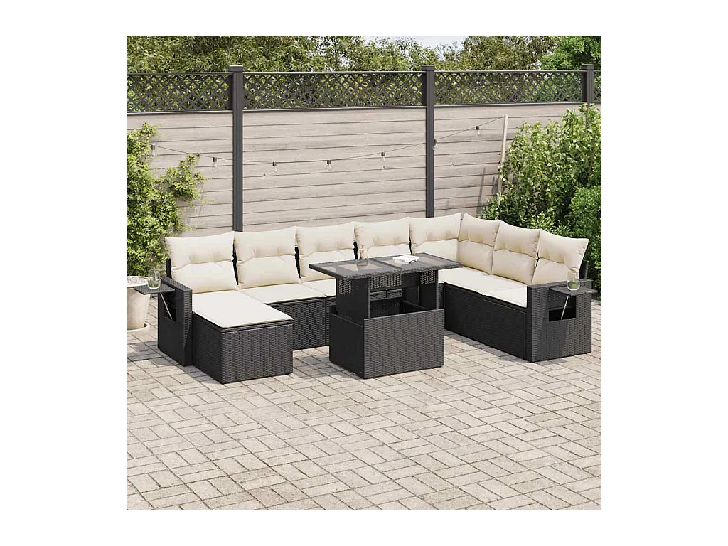 Salon de jardin 9 pcs avec coussins noir résine tressée