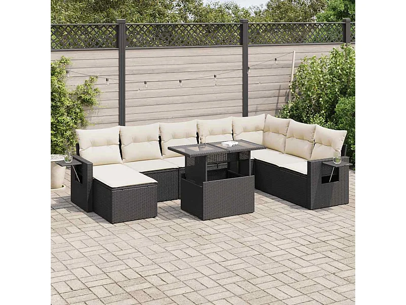 Salon de jardin 9 pcs avec coussins noir résine tressée