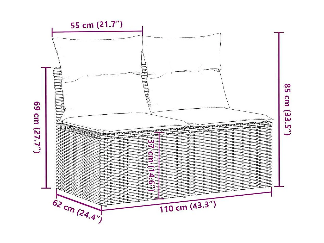 Salon de jardin 2 pcs avec coussins gris résine tressée acacia