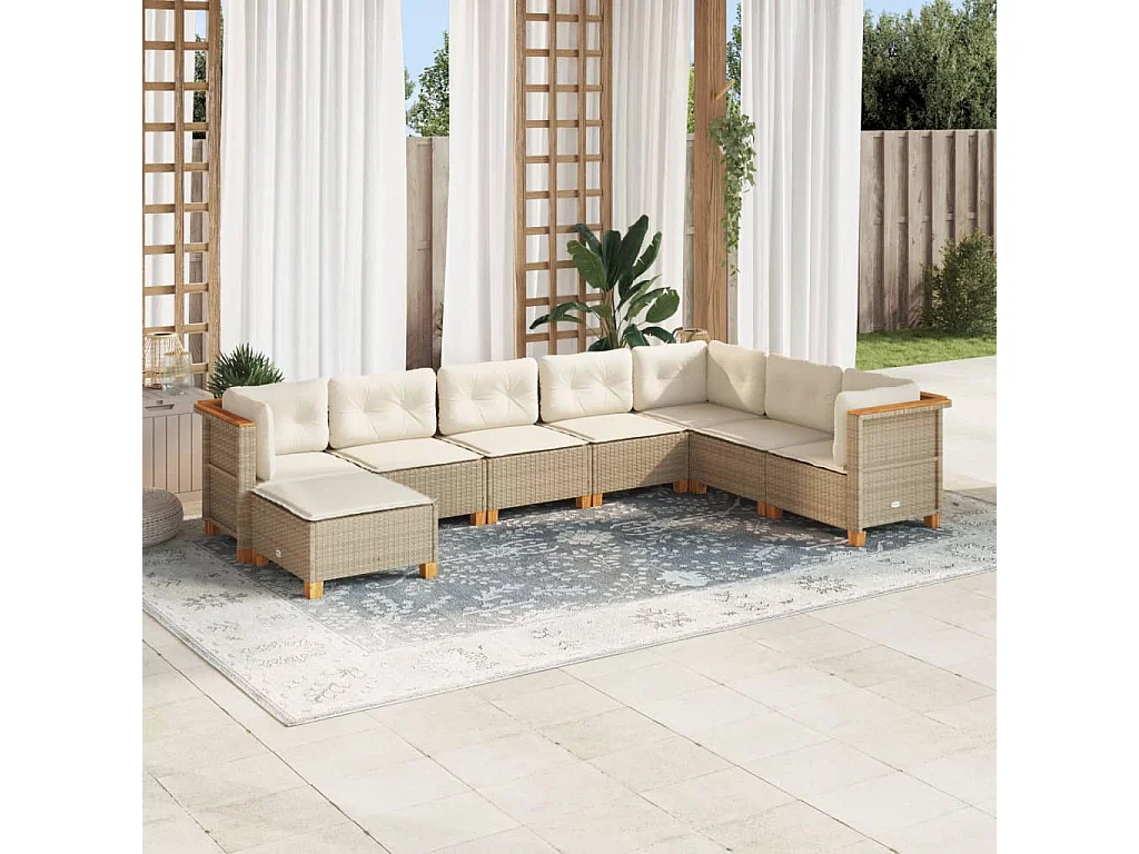 Salon de jardin avec coussins 8 pcs beige résine tressée