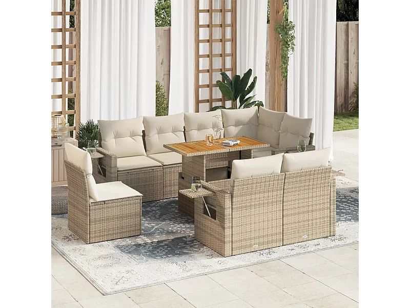 Salon de jardin avec coussins 9 pcs beige résine tressée