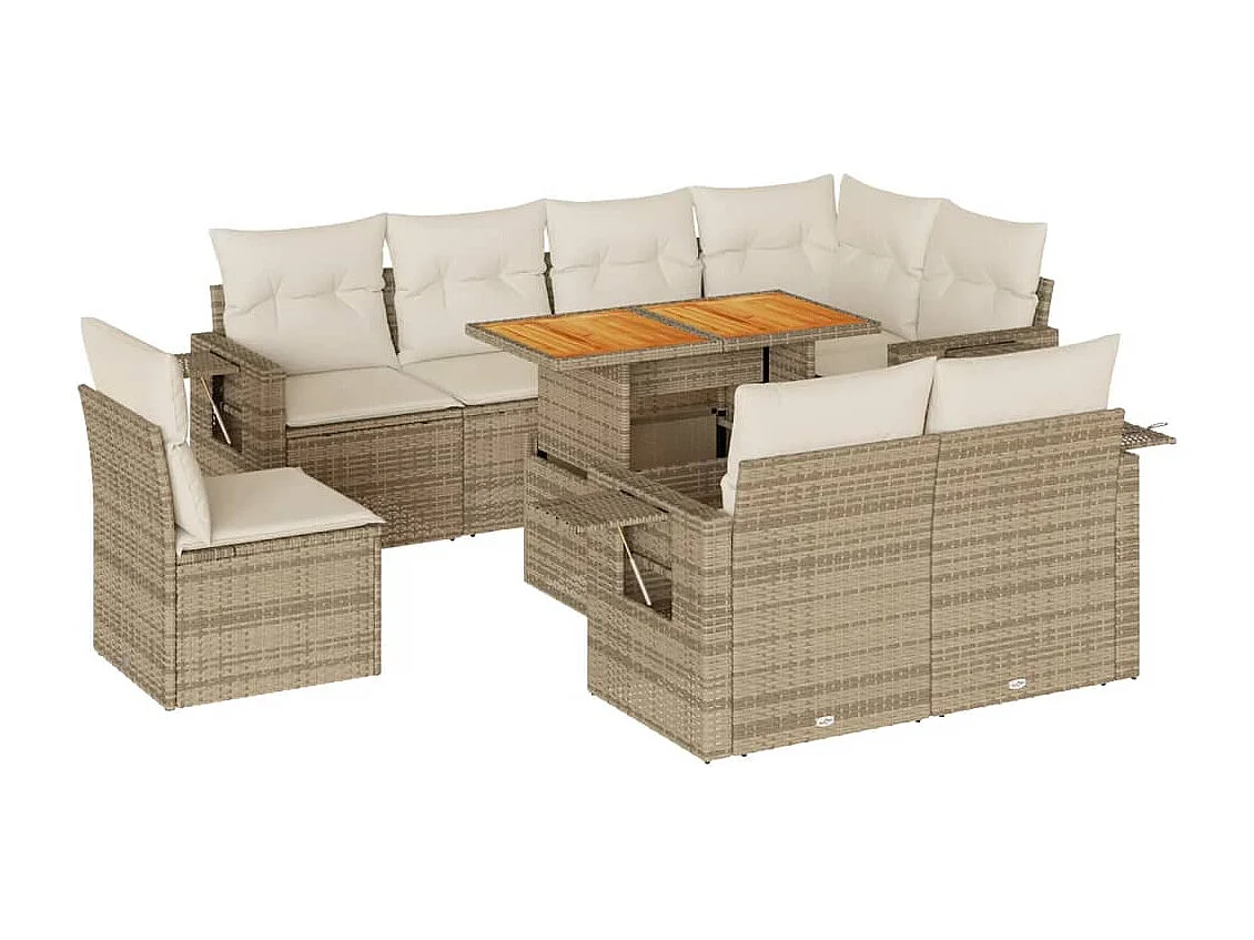Set mobili da giardino con cuscini 9 pezzi in resina intrecciata beige