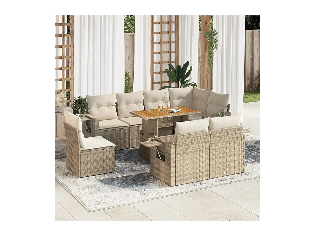Salon de jardin avec coussins 9 pcs beige résine tressée