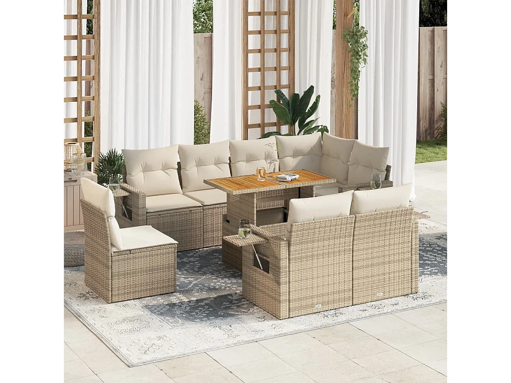 Salon de jardin avec coussins 9 pcs beige résine tressée