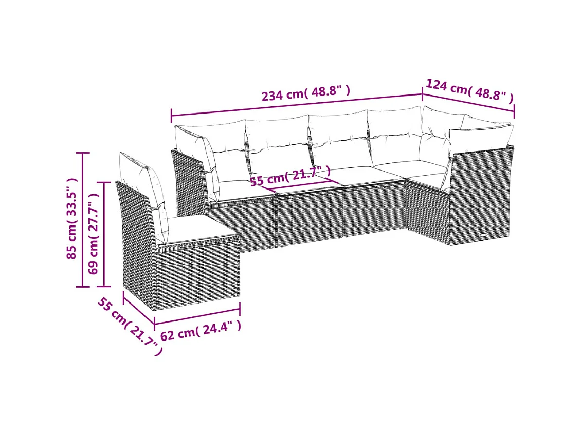 Gartenmöbel-Set mit Kissen 7-tlg. braunes Korbgeflecht