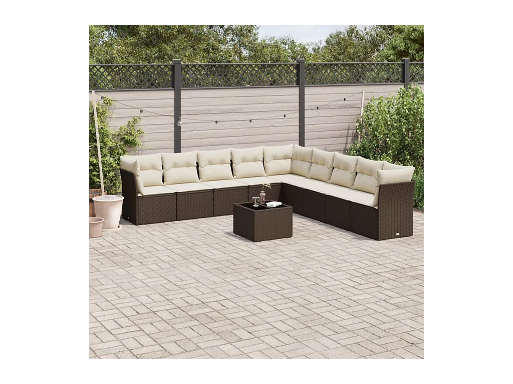 Salon de jardin 10 pcs avec coussins marron résine tressée