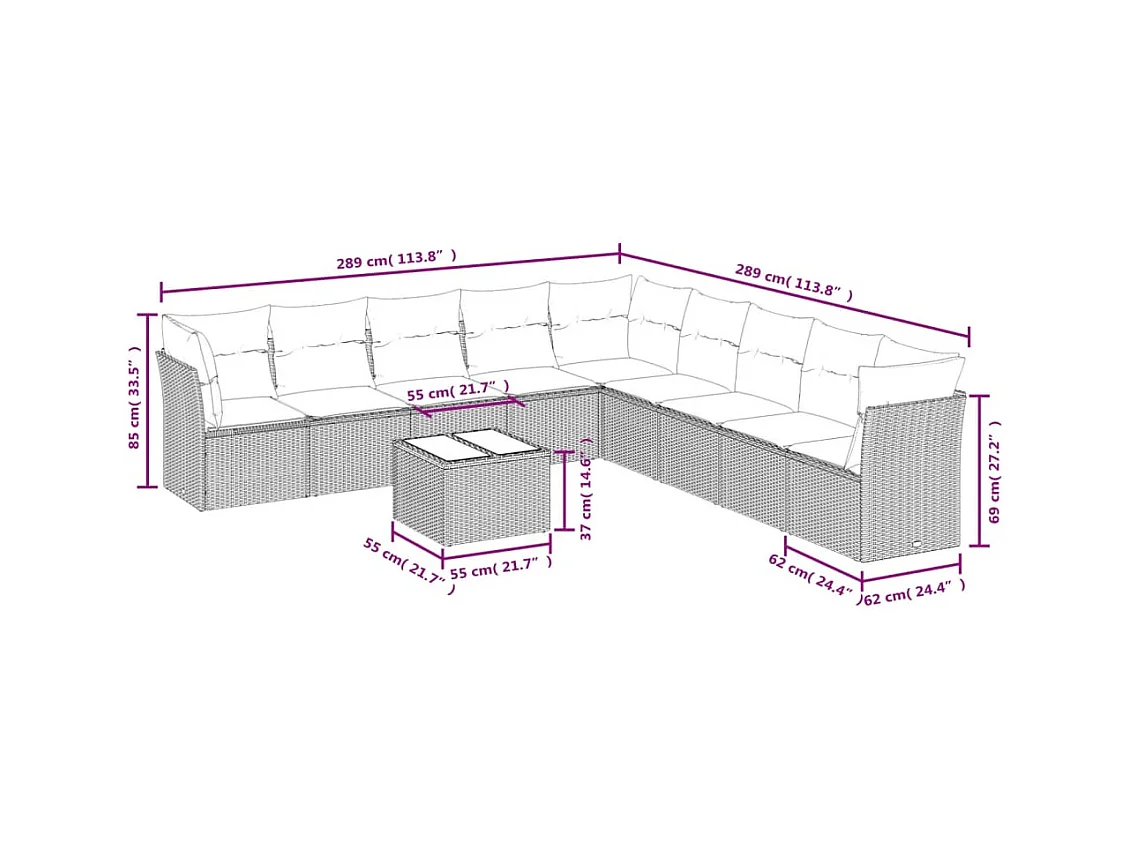 10-teiliges Gartenmöbelset mit braunen Kissen aus gewebtem Harz