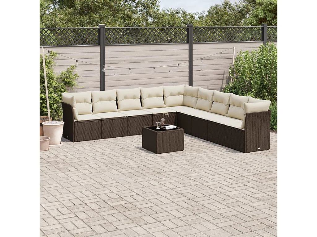 Salon de jardin 10 pcs avec coussins marron résine tressée