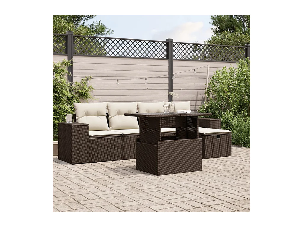 Salon de jardin avec coussins 6 pcs marron résine tressée