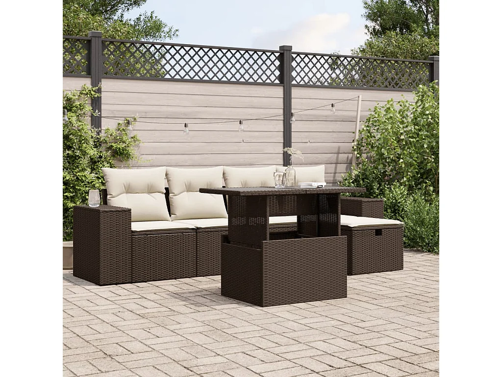 Salon de jardin avec coussins 6 pcs marron résine tressée