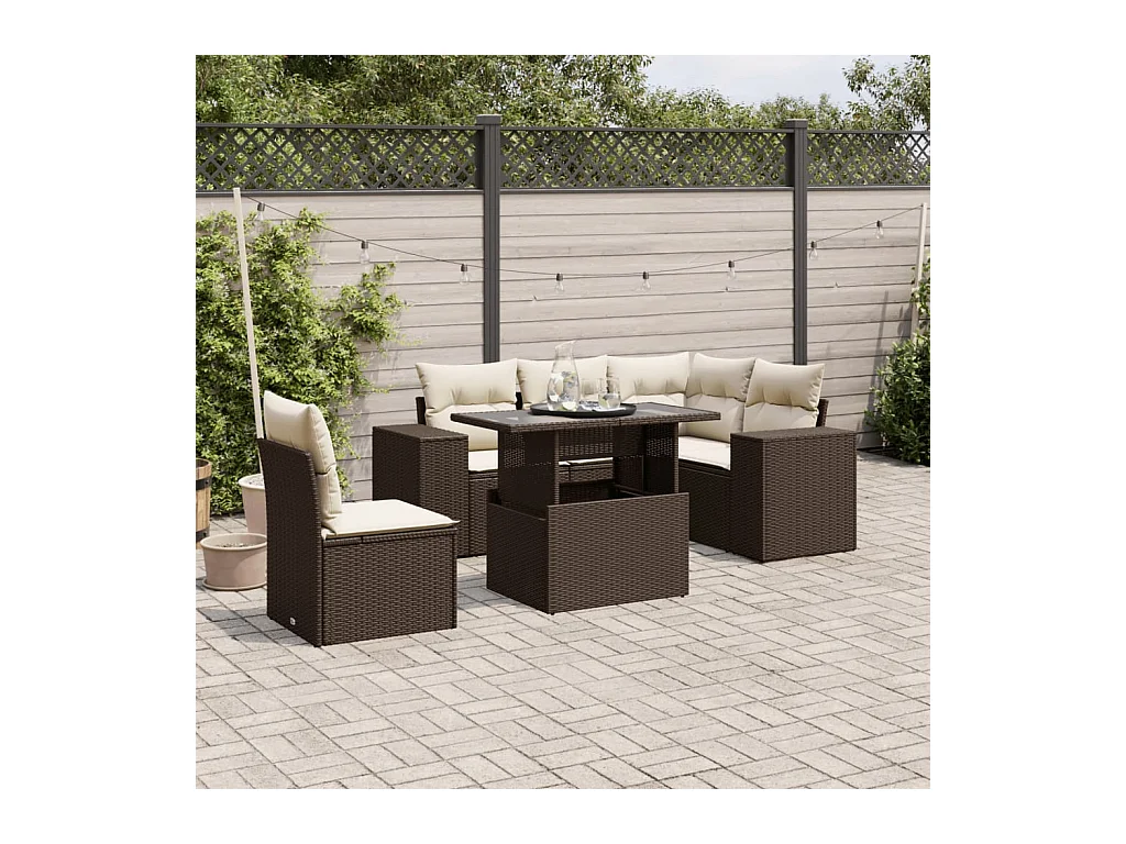 Set di mobili da giardino con cuscini 6 pezzi in resina intrecciata marrone