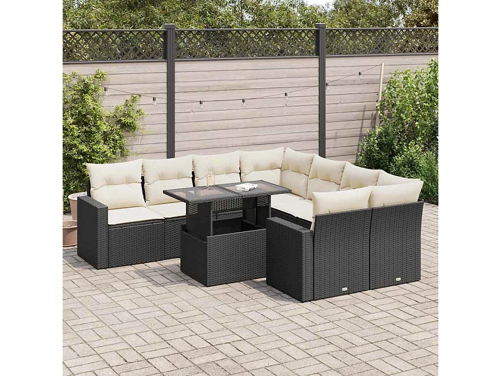 Set di mobili da giardino da 9 pezzi con cuscini neri in resina intrecciata
