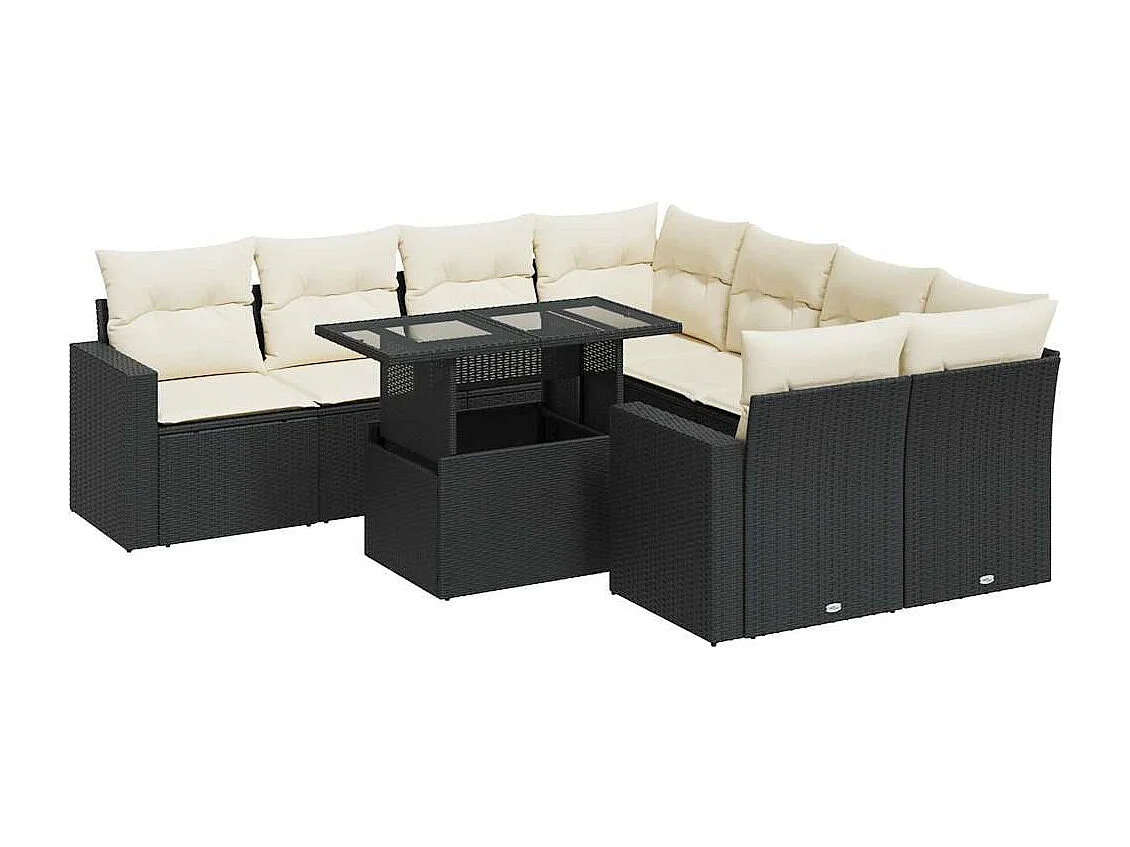 Set di mobili da giardino da 9 pezzi con cuscini neri in resina intrecciata